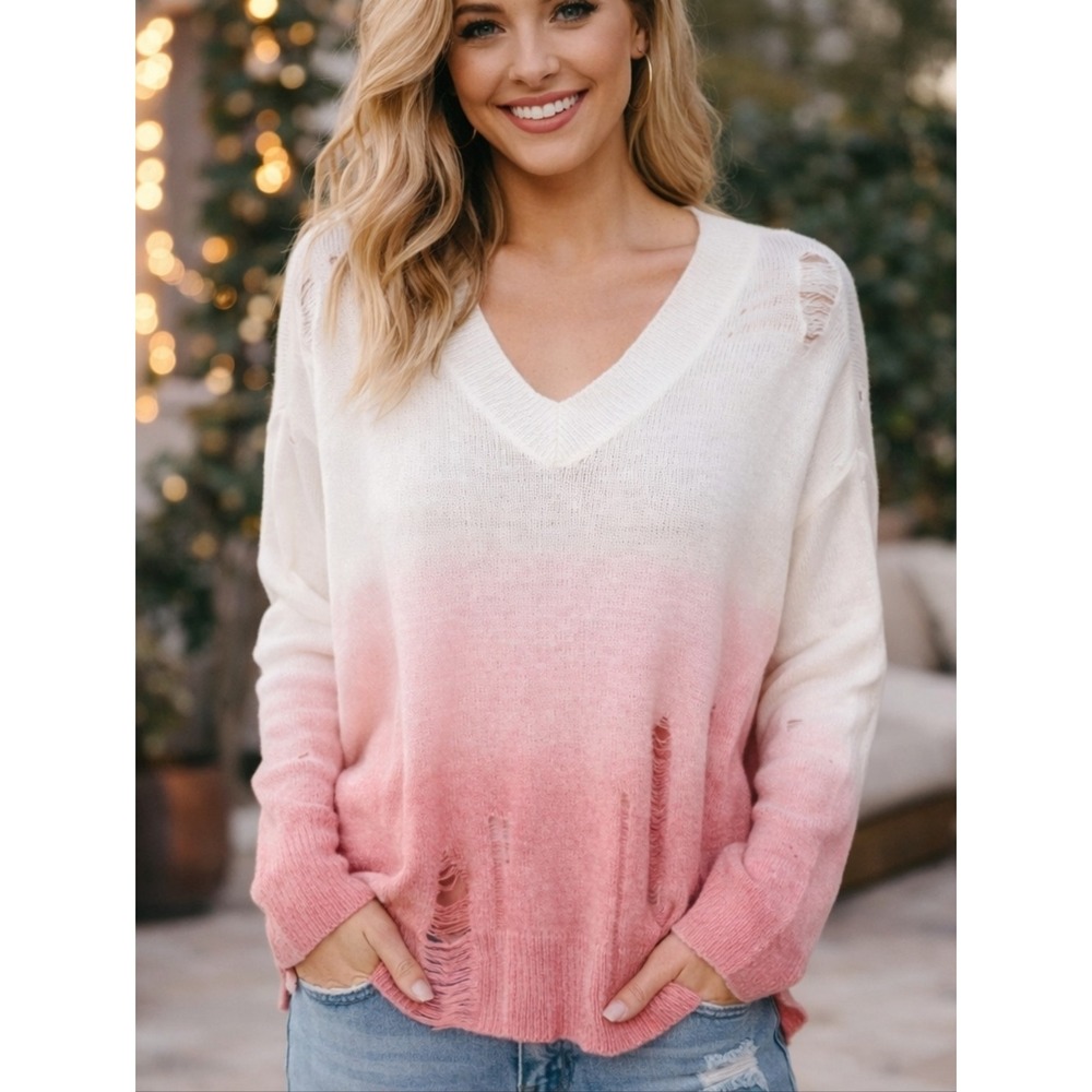 BiBi White to Pink Ombre V-Neck Rose Knit Ruined Detail Lightweight Sweater SZ S